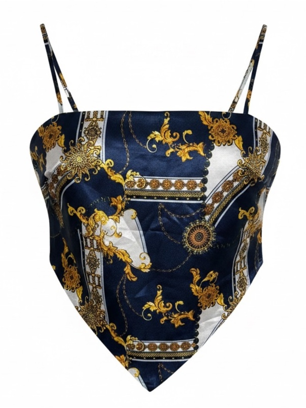 Streetwear Society Navy & Gold Baroque Scarf Cami Bandana Style Crop Top Small